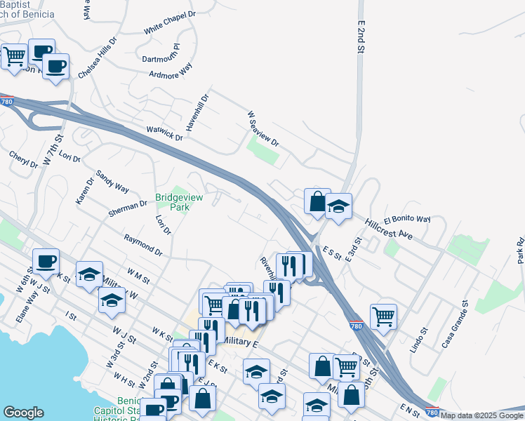 map of restaurants, bars, coffee shops, grocery stores, and more near 119 Mountview Terrace in Benicia