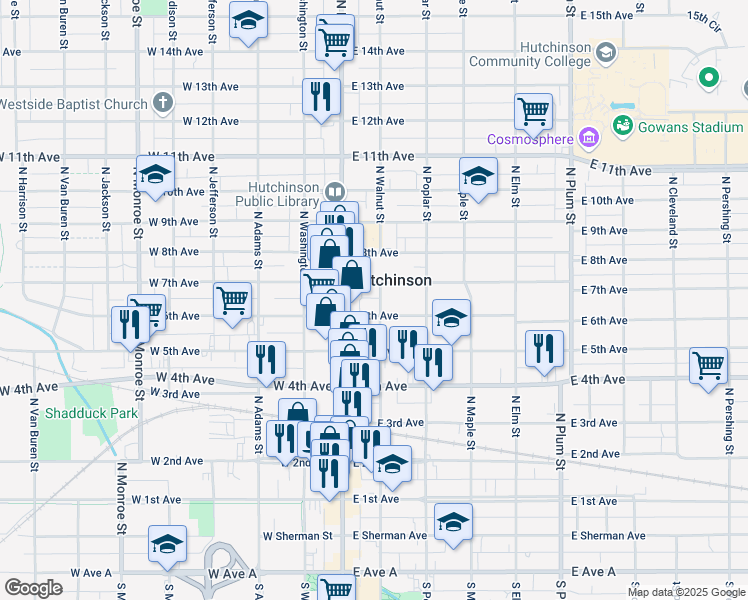 map of restaurants, bars, coffee shops, grocery stores, and more near 609 North Walnut Street in Hutchinson