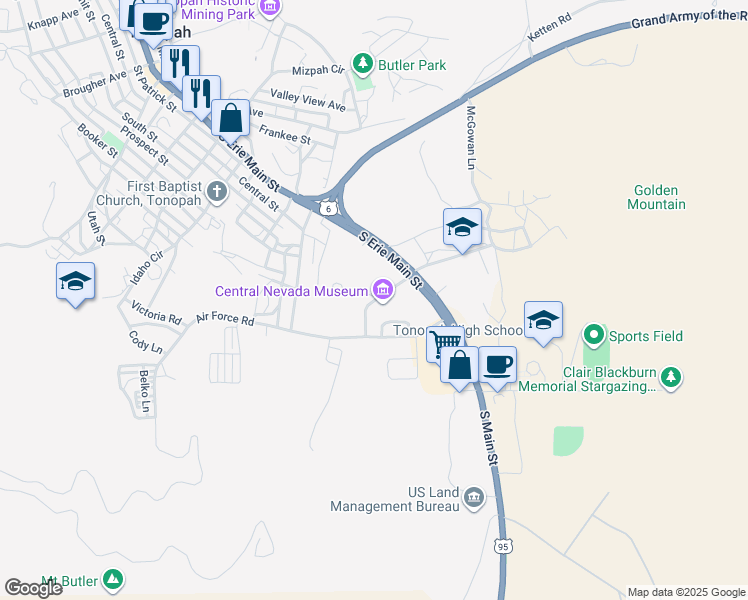 map of restaurants, bars, coffee shops, grocery stores, and more near Logan Field Road in Tonopah