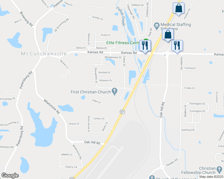 map of restaurants, bars, coffee shops, grocery stores, and more near 2717 Beaumont Drive in Evansville