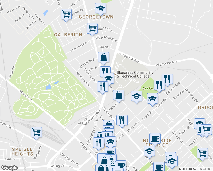 map of restaurants, bars, coffee shops, grocery stores, and more near KY-922 & Georgetown St in Lexington