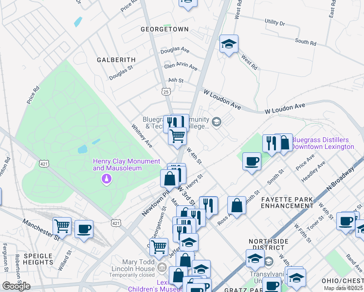 map of restaurants, bars, coffee shops, grocery stores, and more near KY-922 & Georgetown St in Lexington