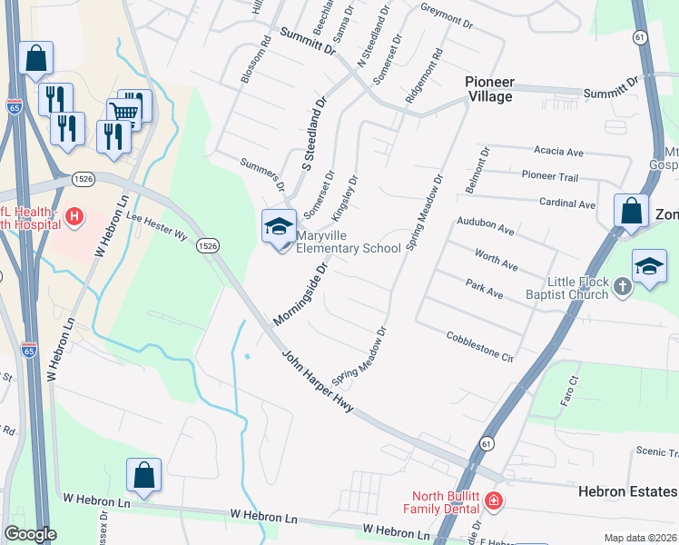 map of restaurants, bars, coffee shops, grocery stores, and more near 12392 Spring Leaf Court in Louisville