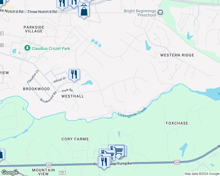 map of restaurants, bars, coffee shops, grocery stores, and more near 708 Concho Lane in Crozet
