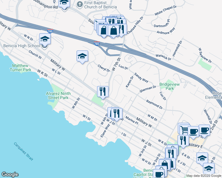 map of restaurants, bars, coffee shops, grocery stores, and more near 15 Buena Vista in Benicia