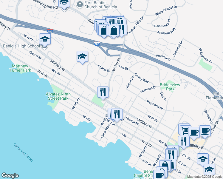 map of restaurants, bars, coffee shops, grocery stores, and more near 15 Buena Vista in Benicia