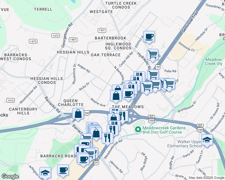 map of restaurants, bars, coffee shops, grocery stores, and more near 2201 Angus Road in Charlottesville