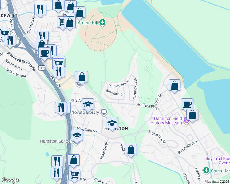 map of restaurants, bars, coffee shops, grocery stores, and more near 32 Brookline Dr in Novato