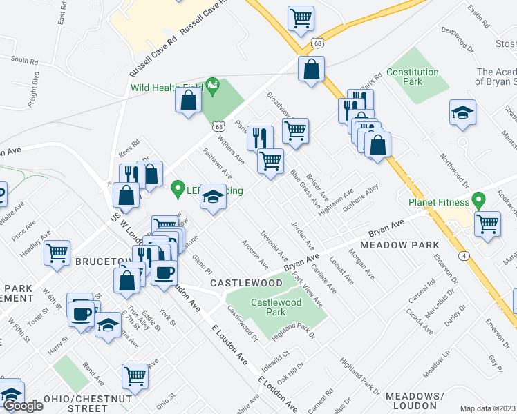 map of restaurants, bars, coffee shops, grocery stores, and more near 132 Carlisle Avenue in Lexington