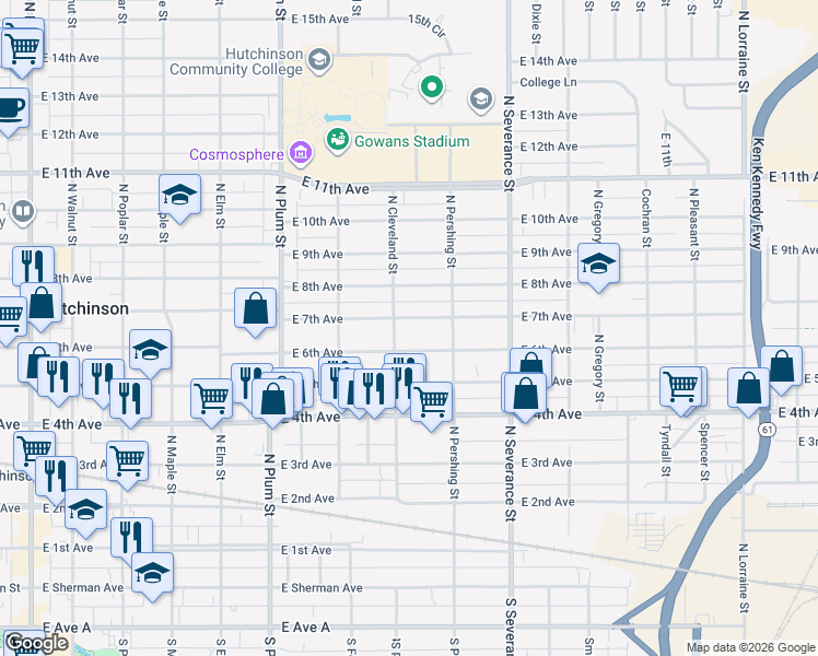map of restaurants, bars, coffee shops, grocery stores, and more near 709 East 6th Avenue in Hutchinson