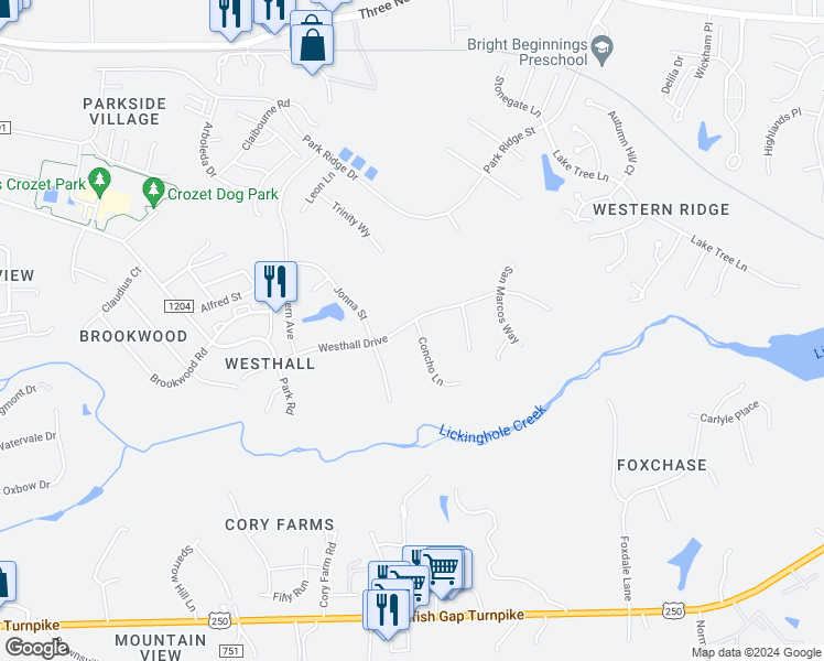 map of restaurants, bars, coffee shops, grocery stores, and more near 708 Concho Lane in Crozet