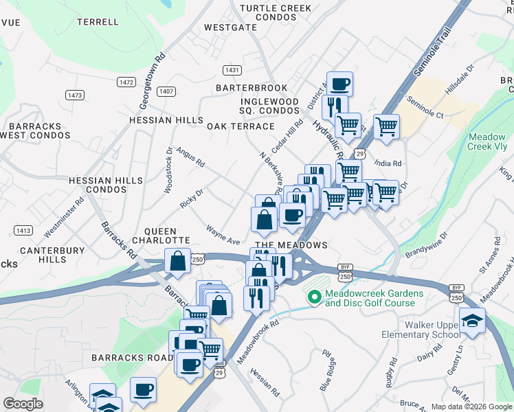 map of restaurants, bars, coffee shops, grocery stores, and more near 2201 Angus Road in Charlottesville