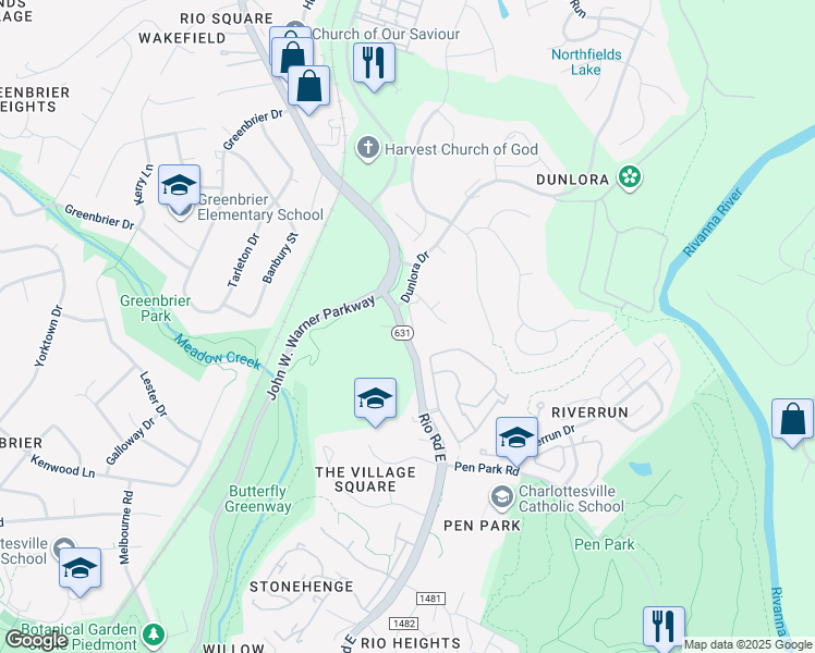 map of restaurants, bars, coffee shops, grocery stores, and more near 5024 Lindley Place in Charlottesville