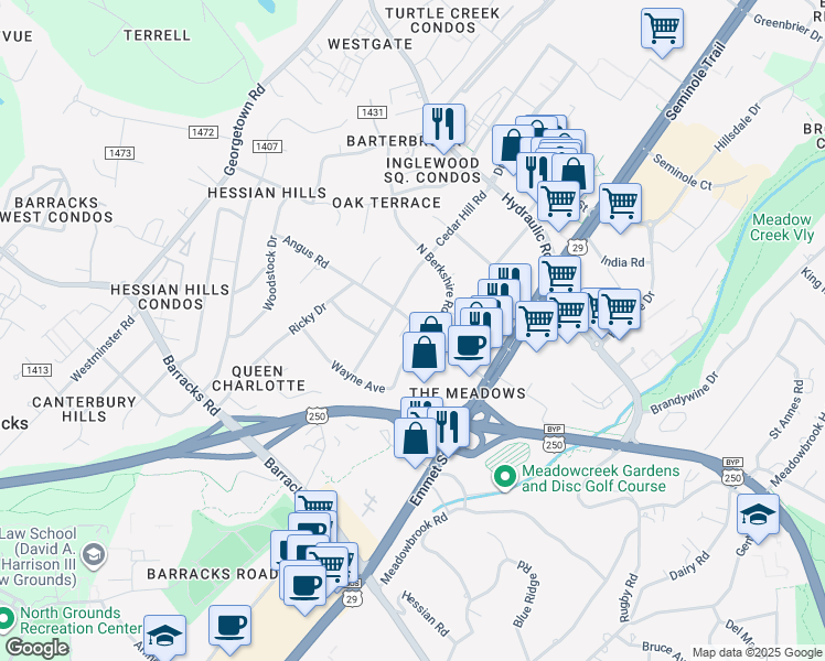 map of restaurants, bars, coffee shops, grocery stores, and more near 2205 North Berkshire Road in Charlottesville