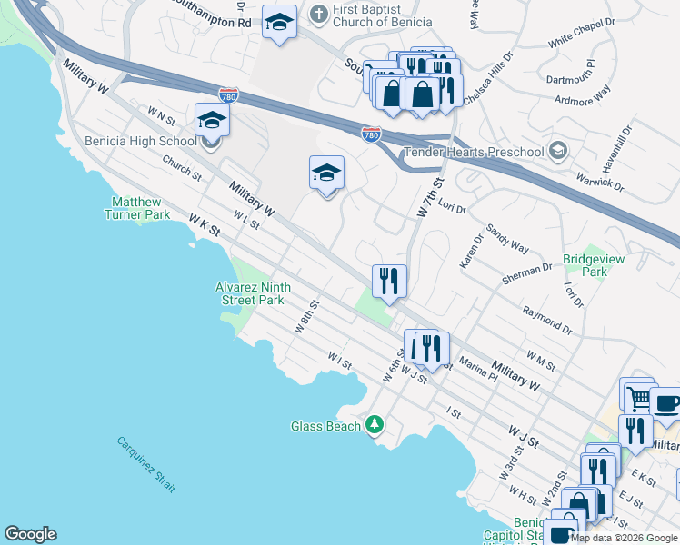 map of restaurants, bars, coffee shops, grocery stores, and more near 71 Carolina Drive in Benicia