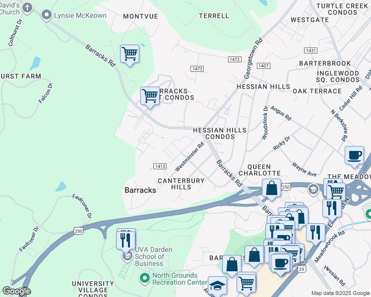 map of restaurants, bars, coffee shops, grocery stores, and more near Out of Bounds Road in Charlottesville