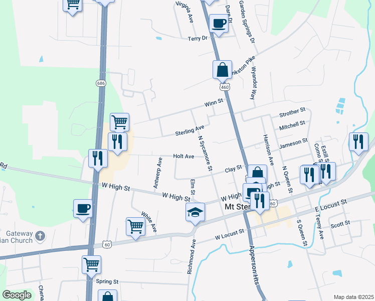 map of restaurants, bars, coffee shops, grocery stores, and more near 320 North Sycamore Street in Mount Sterling