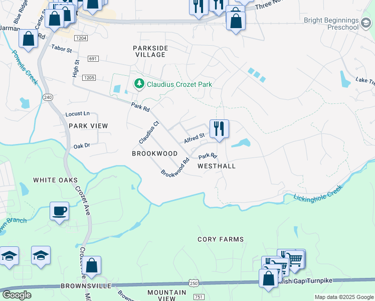 map of restaurants, bars, coffee shops, grocery stores, and more near 386 Joliet Court in Crozet