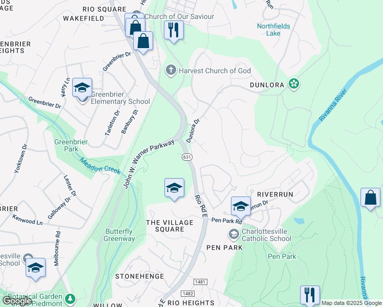 map of restaurants, bars, coffee shops, grocery stores, and more near 5024 Lindley Place in Charlottesville