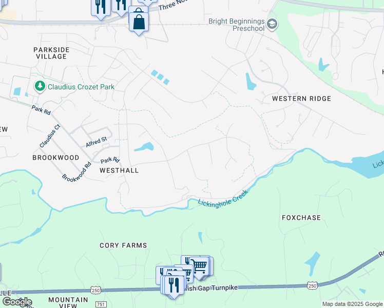 map of restaurants, bars, coffee shops, grocery stores, and more near 711 Concho Lane in Crozet
