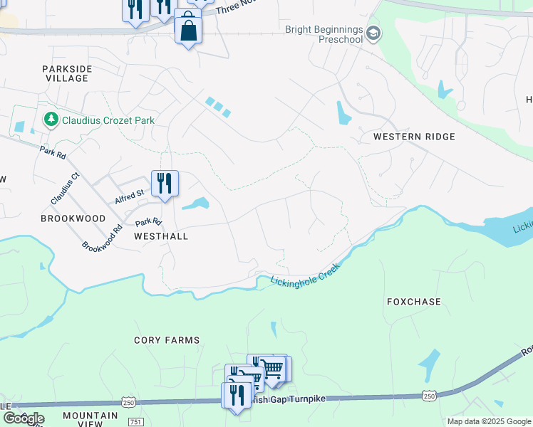 map of restaurants, bars, coffee shops, grocery stores, and more near 711 Concho Lane in Crozet