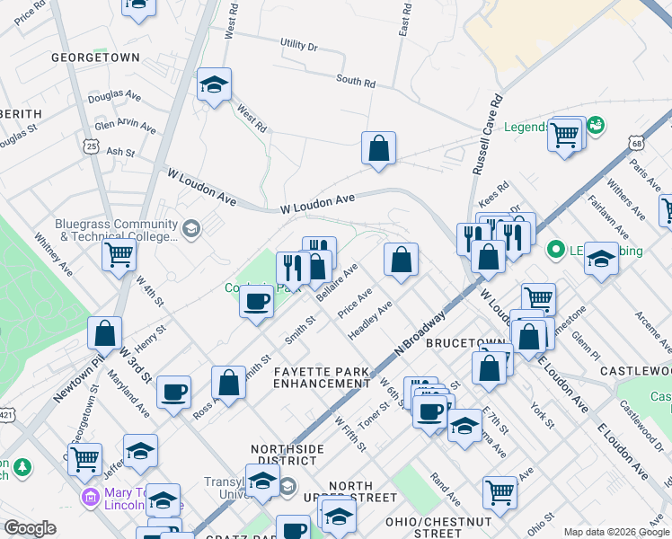 map of restaurants, bars, coffee shops, grocery stores, and more near 525 West 6th Street in Lexington