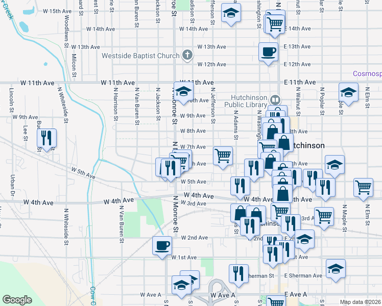 map of restaurants, bars, coffee shops, grocery stores, and more near 404 West 7th Avenue in Hutchinson
