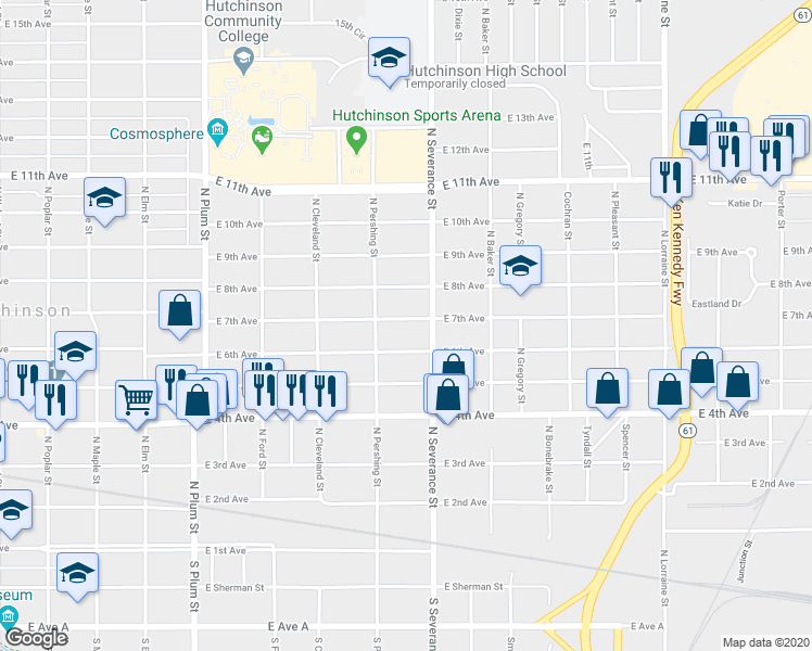 map of restaurants, bars, coffee shops, grocery stores, and more near 819 East 7th Avenue in Hutchinson