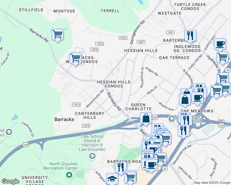 map of restaurants, bars, coffee shops, grocery stores, and more near 2412 Barracks Place in Charlottesville