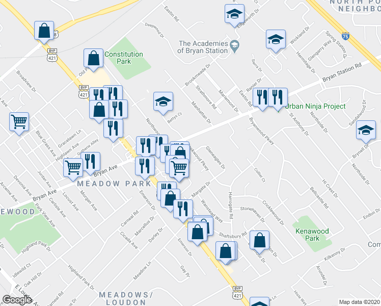 map of restaurants, bars, coffee shops, grocery stores, and more near 1696 Wakefield Terrace in Lexington