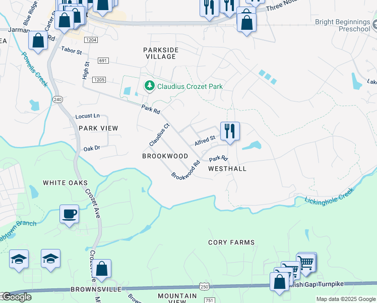 map of restaurants, bars, coffee shops, grocery stores, and more near 5525 Park Road in Crozet