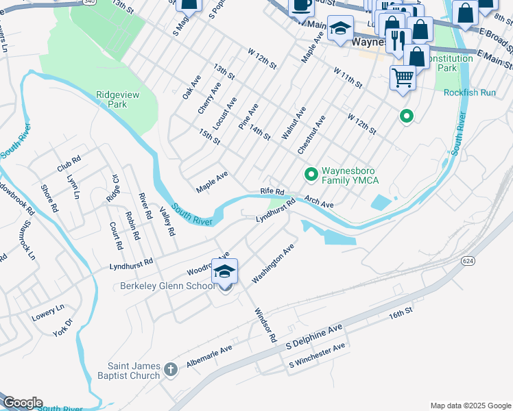 map of restaurants, bars, coffee shops, grocery stores, and more near 625 Rife Road in Waynesboro