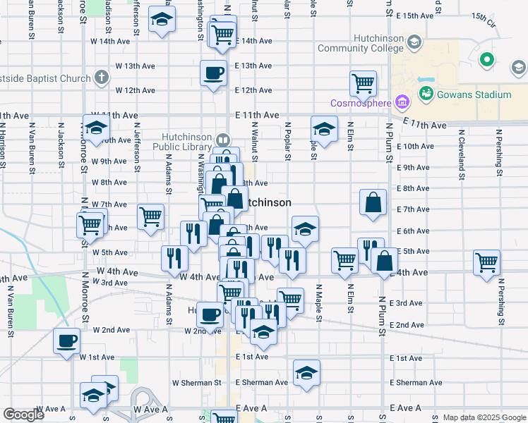 map of restaurants, bars, coffee shops, grocery stores, and more near 122 East 7th Avenue in Hutchinson