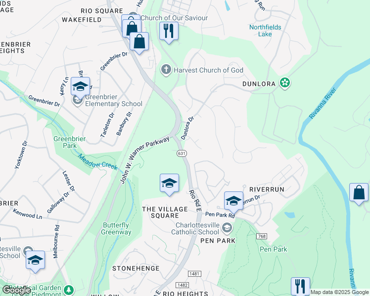 map of restaurants, bars, coffee shops, grocery stores, and more near in Charlottesville