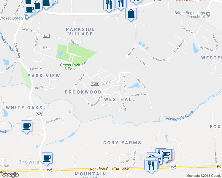 map of restaurants, bars, coffee shops, grocery stores, and more near 5329 Brookwood Road in Crozet