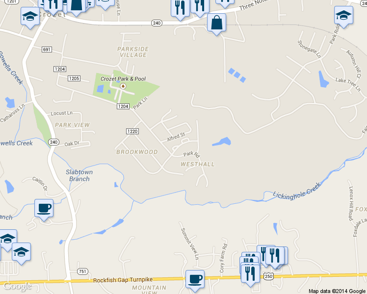 map of restaurants, bars, coffee shops, grocery stores, and more near 5329 Brookwood Road in Crozet