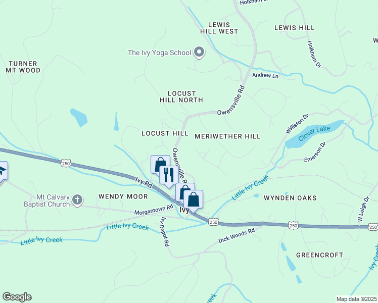 map of restaurants, bars, coffee shops, grocery stores, and more near 2775 Leeds Lane in Charlottesville