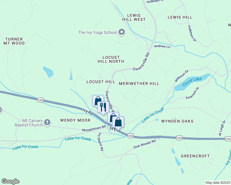 map of restaurants, bars, coffee shops, grocery stores, and more near 2775 Leeds Lane in Charlottesville