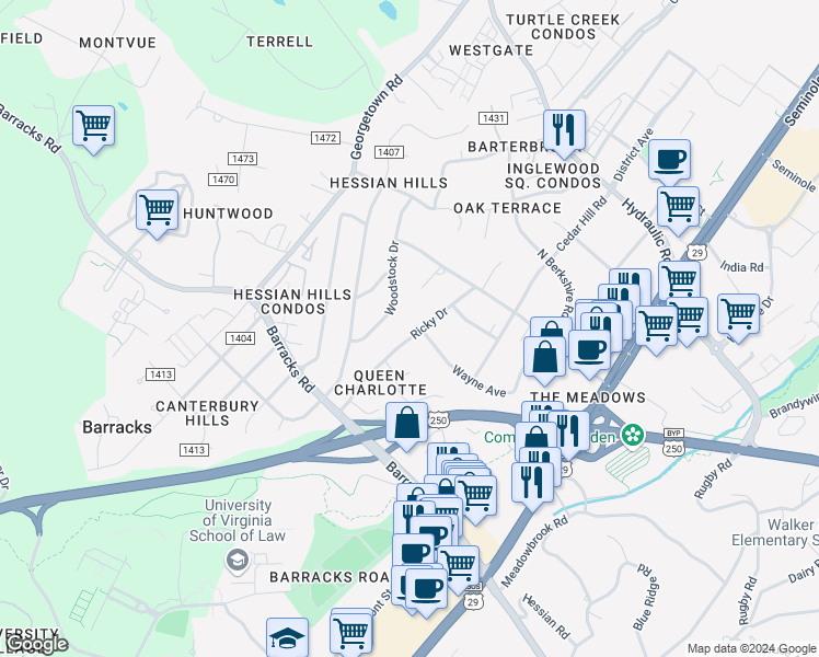 map of restaurants, bars, coffee shops, grocery stores, and more near 1600 Ricky Road in Charlottesville