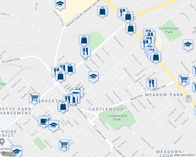 map of restaurants, bars, coffee shops, grocery stores, and more near 103 12th Street in Lexington