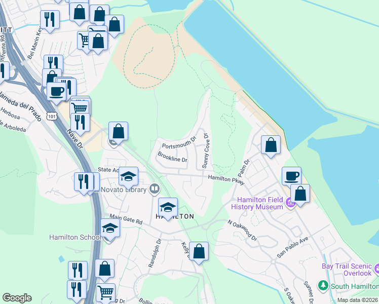 map of restaurants, bars, coffee shops, grocery stores, and more near 146 Chesapeake Lane in Novato