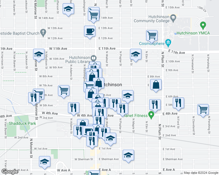 map of restaurants, bars, coffee shops, grocery stores, and more near 103 East 7th Avenue in Hutchinson