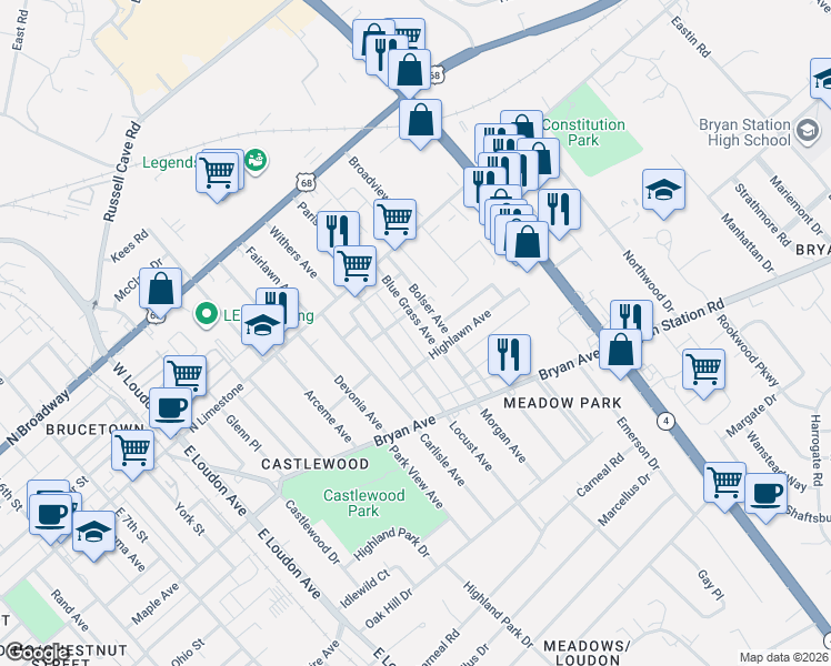 map of restaurants, bars, coffee shops, grocery stores, and more near 201 Blue Grass Avenue in Lexington
