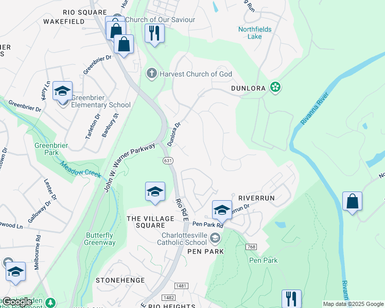map of restaurants, bars, coffee shops, grocery stores, and more near 4063 Varick Street in Charlottesville