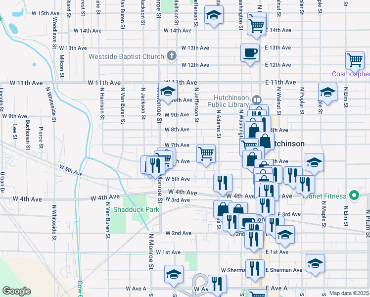 map of restaurants, bars, coffee shops, grocery stores, and more near 315 West 7th Avenue in Hutchinson