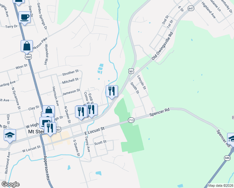map of restaurants, bars, coffee shops, grocery stores, and more near 637 East Main Street in Mount Sterling