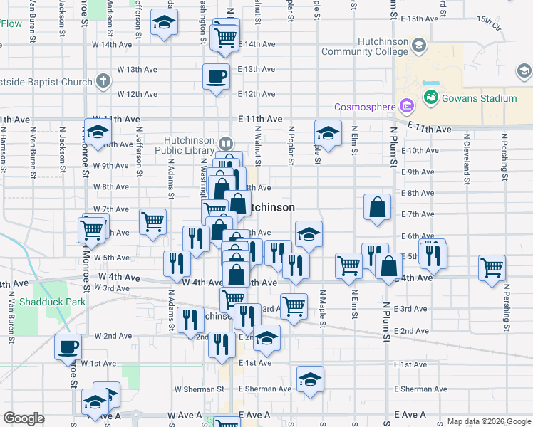 map of restaurants, bars, coffee shops, grocery stores, and more near 122 East 7th Avenue in Hutchinson