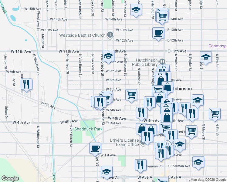 map of restaurants, bars, coffee shops, grocery stores, and more near 404 West 7th Avenue in Hutchinson