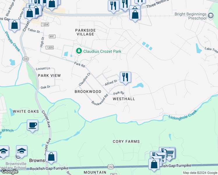 map of restaurants, bars, coffee shops, grocery stores, and more near 372 Joliet Court in Crozet