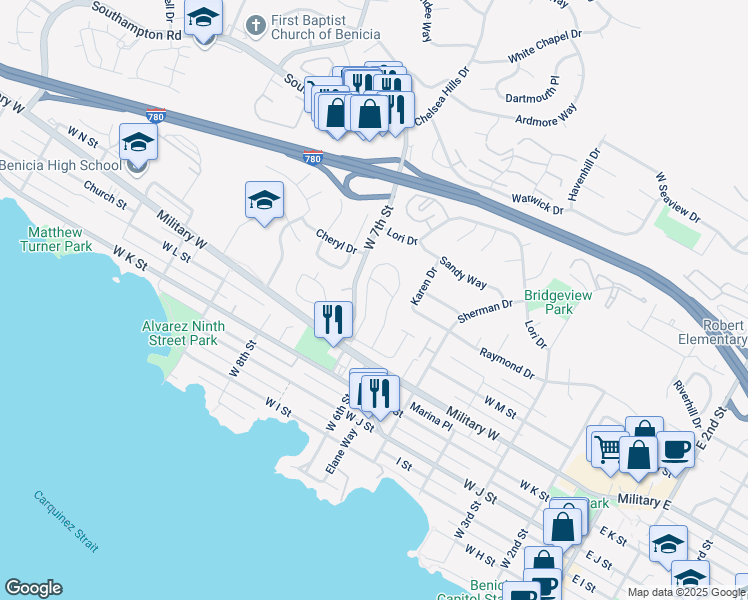 map of restaurants, bars, coffee shops, grocery stores, and more near 29 Buena Vista in Benicia